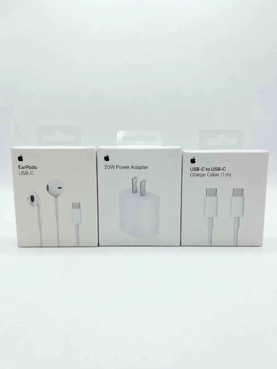 Three Apple product boxes arranged side by side on a white background, including EarPods USB-C, a 20W Power Adapter, and a USB-C to USB-C Charge Cable (1 m).