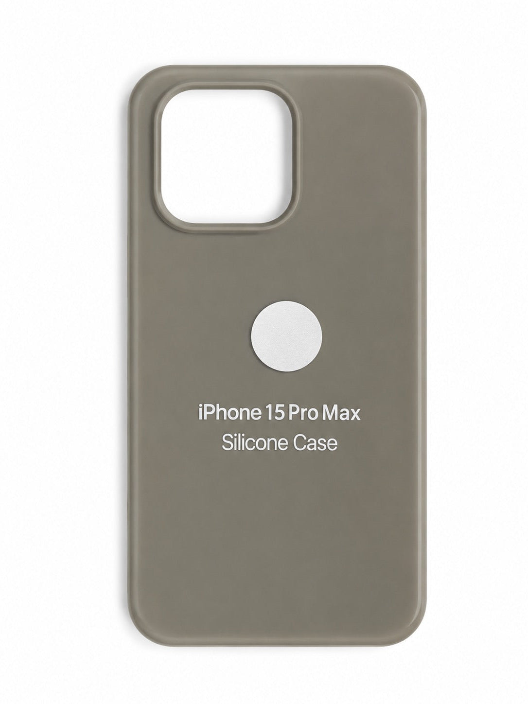 A matte taupe-gray protective case for the iPhone 15 Pro Max, featuring a camera cutout, a circular cutout, and white printed text on the back.