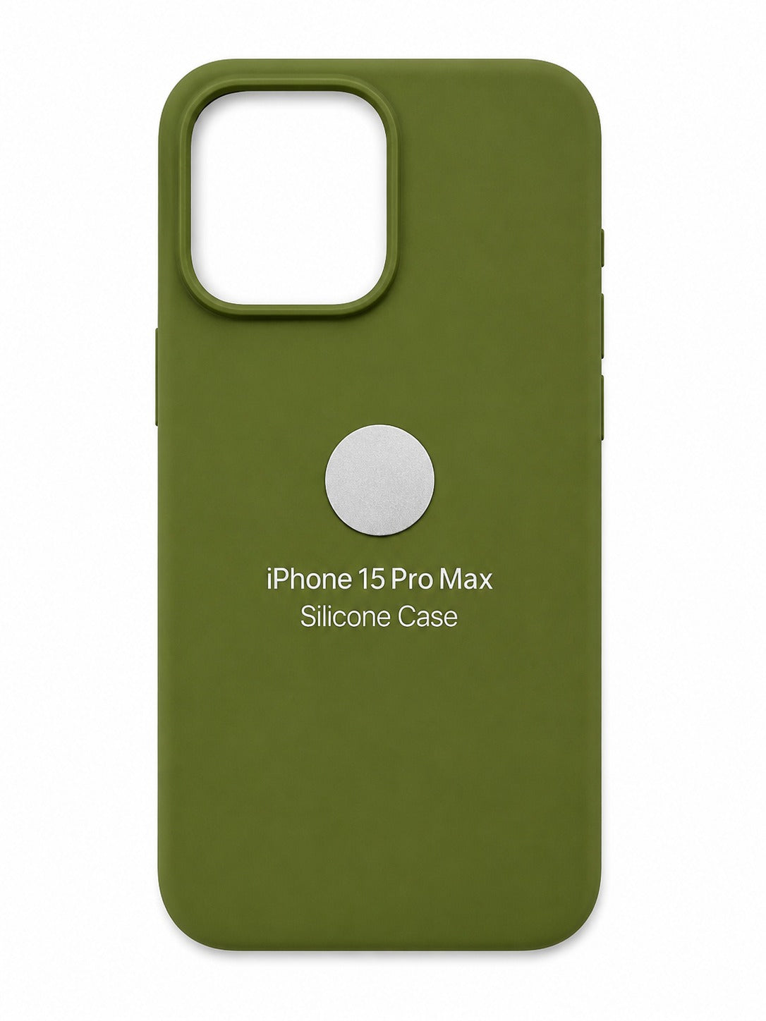 An olive green silicone phone case for iPhone 15 Pro Max, featuring a white printed silver circle in the center and white text below it, shown on a plain white background.